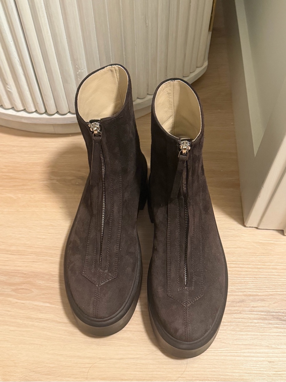 The Row Dark Brown Suede Front-Zip Ankle Boots